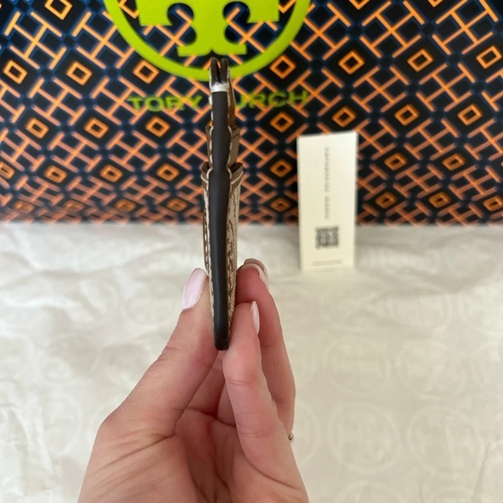 Tory Burch T Monogram Jacquard Card Case Hazelnut Gold Tan Brown